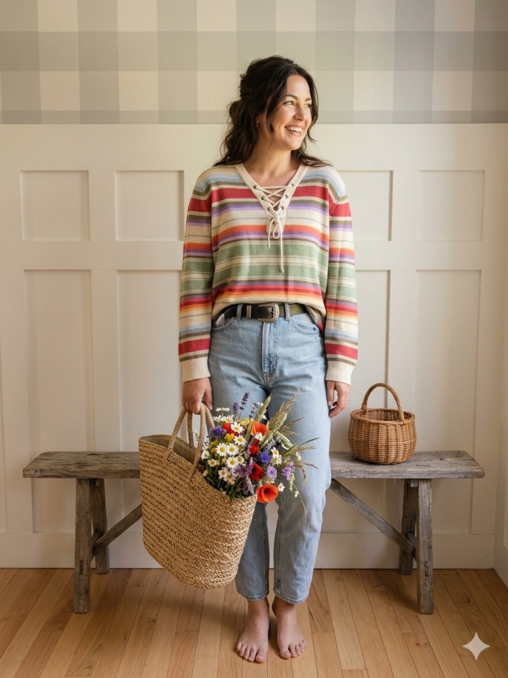 Chaps‎ Lace-Up V-Neck Striped Sweater in Cream, Green, Pink, Red, Yellow 2XL